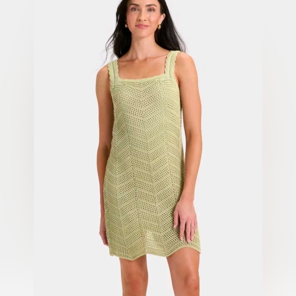 A New Day Crochet Mini Shift Dress  Beach Vacation Cover Up Lined Olive Size S